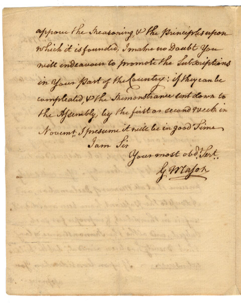 Letter from George Mason to  Robert Carter Esq in reference to a Memorial & Remonstrance to the Genl. Assembly 1785, page 2
